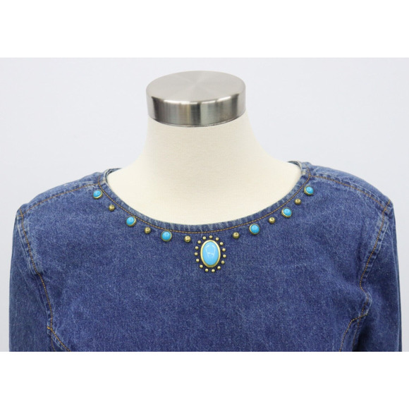 Jou Jou Y2K 1990's Denim Dress Stones and Gromet Embellishments Size M (Size 8) - Picture 3 of 16